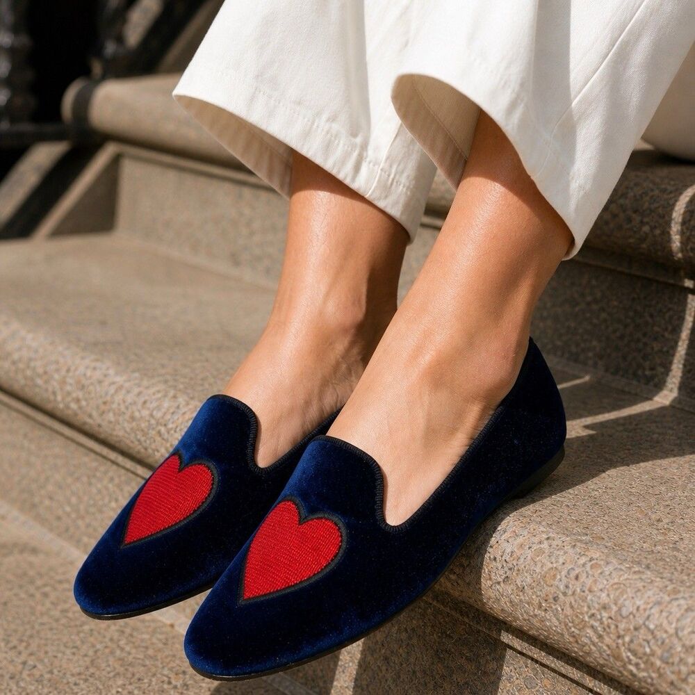 J.Crew Smoking Slippers Blue Velvet Heart Italy‎ Leather Sole Flats Womens 6.5